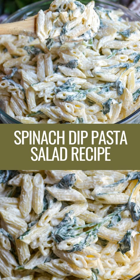 Spinach dip pasta salad turns the yumminess of spinach artichoke dip into a full fledged summer side dish you’ll love. With all the creamy goodness of the classic appetizer, your friends and family will beg you to make this for every barbecue, potluck and picnic! #salad #pastasalad #recipe Spinach Artichoke Pasta Salad, Spinach Artichoke Salad Recipes, Picnic Salads Cold, Pasta Salad Recipes With Spinach, Spinach Dip Pasta Salad, Recipes With Spinach Dip, Spinach Dip Pasta, Cold Pasta Salad Recipes Creamy, Spinach Pasta Salad