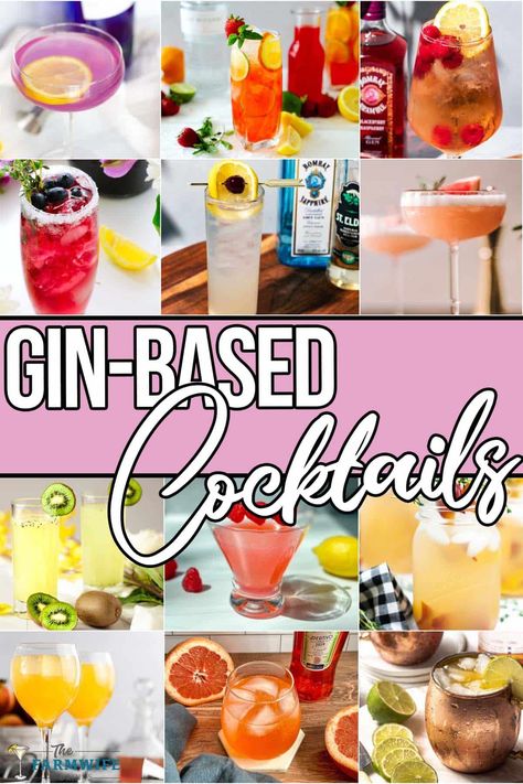 photo collage of gin cocktail ideas with text which reads gin-based cocktails Drinks Made With Gin, Gin Drinks Recipes, Gin Based Cocktails, Blueberry Gin, Ginger Beer Cocktail, Gin Fizz Cocktail, Unique Cocktail Recipes, Classic Gin Cocktails, Rhubarb Syrup