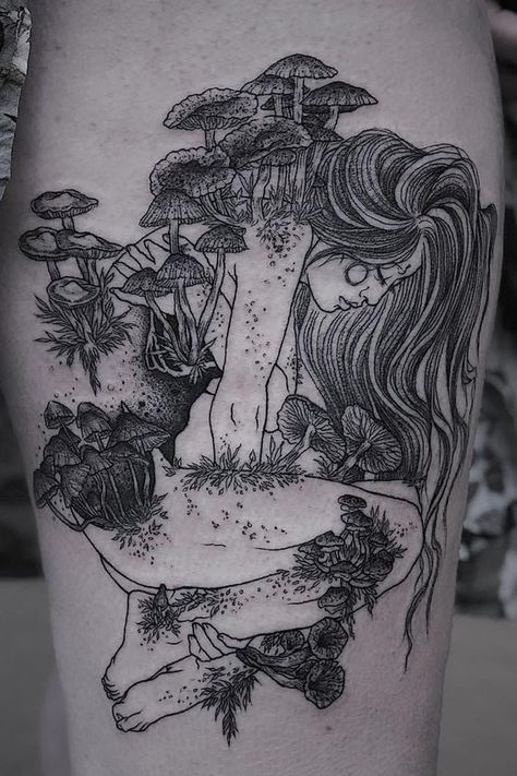 Mushroom Tattoo Ideas, Elf Tattoo, Illustrative Tattoo, Mushroom Tattoo, Mother Nature Tattoos, Nature Tattoo Sleeve, Mystical Tattoos, Mushroom Tattoos, Goddess Tattoo