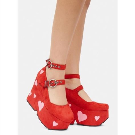 Lamoda RED MELT MY HEART CHUNKY PLATFORM HEELS Dollskill Heart Heels, Red Platform Shoes, Pastel Clothes, Heart Platforms, Chunky Platform Heels, Melt My Heart, Funky Accessories, Lizzie Hearts, Dolls Kill Shoes