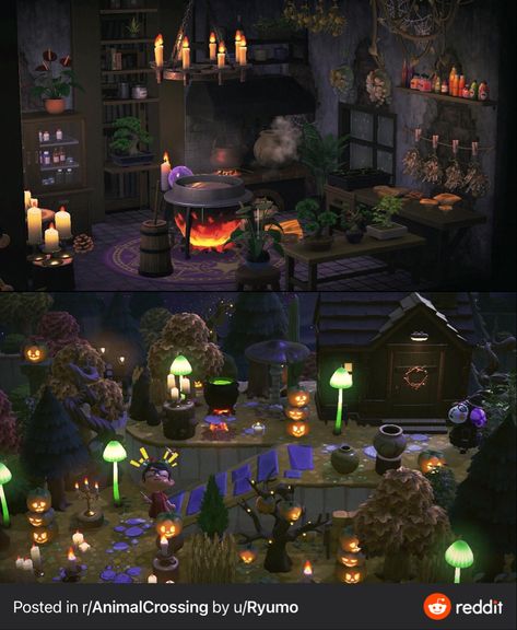 Acnh Spooky House Ideas, Animal Crossing Witch Kitchen, Acnh Halloween House Ideas, Animal Crossing Potion Shop, Acnh Dark Theme Ideas, Acnh Witchy House Exterior, Acnh Witch House Ideas, Ursula Animal Crossing, Animal Crossing Dungeon