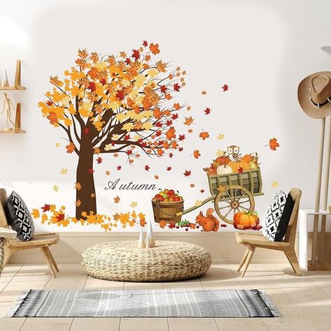 Amazon.com: Fall Thanksgiving Wall Sticker Maple Leaves Wall Decals Autumn Harvest Pumpkins Wall Sticker Cute Animals Wall Art Decor for Thanksgiving Party Living Room : Tools & Home Improvement Thanksgiving Colors, Background Bedroom, Autumn Elements, Decor For Thanksgiving, Party Living Room, Tv Sofa, Wall Decals Living Room, Thanksgiving Color, Fall Wall Decor