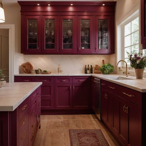 The color of your kitchen cabinets plays a crucial role in defining the overall aesthetic and mood of your kitchen. It’s more than just a backdrop; the right color can transform your space from ordinary to extraordinary. Whether you’re aiming to make a bold, eye-catching statement or create a soothing, serene environment, choosing the perfect cabinet color is key. Burgandy Kitchen Cupboards, Cranberry Kitchen Cabinets, Red Kitchen Cabinets Color Schemes, Wine Colored Cabinets, Wine Colored Kitchen Cabinets, Wine Colored Kitchen, Red Wood Cabinets Kitchen, Wine Color Kitchen, Burgundy Cabinets Kitchen