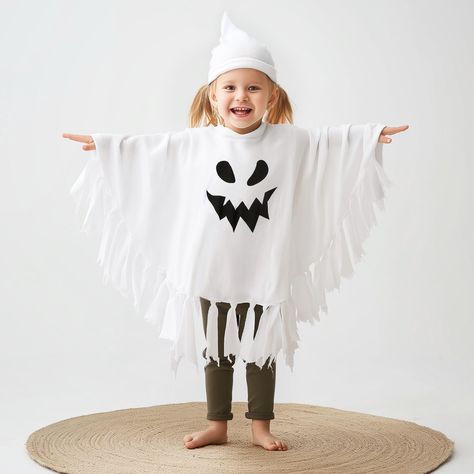 Ghost Poncho Costume Diy, Toddler Ghost Costume Boy, Homemade Ghost Costume For Kids, Diy Kids Ghost Costume, Toddler Ghost Costume Girl, Family Ghost Costume, Ghost Costume Toddler, Scary Toddler Costumes, Ghost Costume For Kids