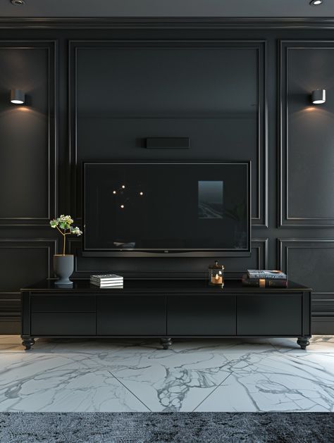 Tv Console Black Wall, Living Room Tv Wall Ideas Mount Tv Media Consoles, Tv In A Picture Frame, Snug Tv Room, Tv Styling Ideas, Moody Tv Wall, Dark Wall Behind Tv, Tv On Accent Wall, Black Wood Wall Behind Tv