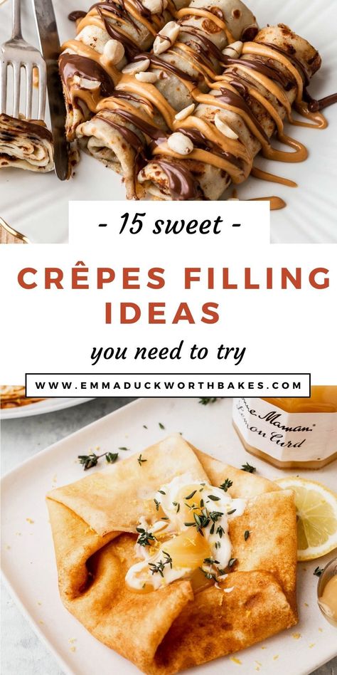 If you're a massive fan of crêpes like me, then you'll love my top 15 Crêpes Filling Ideas. Make yourself a batch of crêpes and get creative with these fillings. Each one is as delicious as the next and they'll be sure to satisfy. Sweet Breakfast Crepes, Mascarpone Crepe Filling, Crepe Ideas Savory, Crepe Ideas Sweets, Crepe Topping Ideas Sweet, Sweet Crepes Recipe Desserts, Make Crepes At Home, Crepes Topping Ideas, What To Put On Crepes