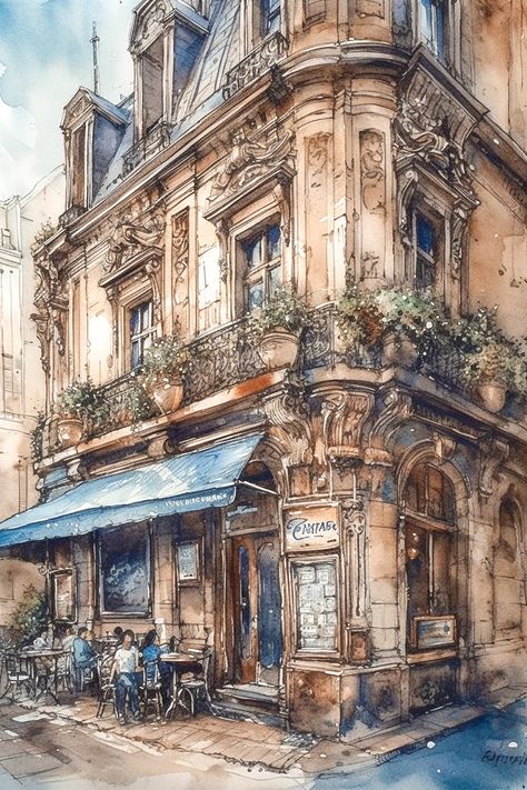 Watercolour Buildings, France Watercolor, Cafe In Paris, Place Aesthetic, Aesthetic Architecture, Building Painting, Watercolor Architecture, Architecture Drawing Art, Cafe Art