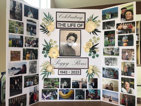 In Memory Of Board Ideas, Photo Displays For Celebration Of Life, Memorial Service Poster Board, Memorial Picture Collage Ideas, Memorial Room Ideas, In Memory Of Picture Ideas, Obituary Picture Board, Wake Photo Display, Memorial Service Picture Boards