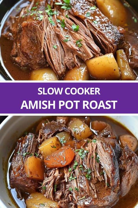 Slow Cooker Amish Pot Roast Crockpot Pot Roast, Cozy Recipes, Slow Cooker Pot Roast, Roasted Potatoes And Carrots, Pot Roast Crock Pot Recipes, Classic Pot Roast, Cooking Prime Rib, Best Pot Roast, Fast Meals