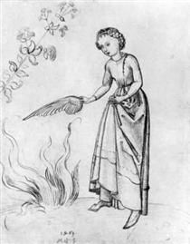 Young Woman Fanning a fire with a bird's wing - Martin Schongauer Martin Schongauer, Medieval Life, Albrecht Dürer, Albrecht Durer, Bird Wings, 1 Tattoo, Medieval Manuscript, Medieval Fashion, Medieval Art