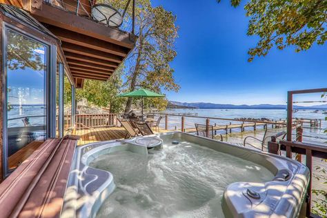 Lakeside Escape- Lakefront, Fireplace, Hot Tub - Cabins for Rent in Tahoe Vista, California, United States - Airbnb Lake Tahoe Cabin, California Getaways, Tahoe Cabin, Vista California, Lakefront Living, Lakefront Property, Vacation Cabin, Front Deck, Honeymoon Destinations