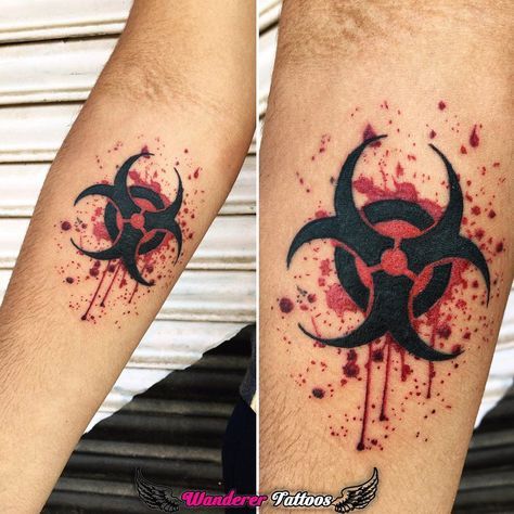 Biohazard Tattoo Design, Biohazard Symbol Tattoo, Blood Splatter Tattoo, Toxic Symbol Tattoo, Blood Tattoo Ideas, Toxic Tattoo Ideas, Trash Polka Design, Wanderer Tattoo, Toxic Tattoo