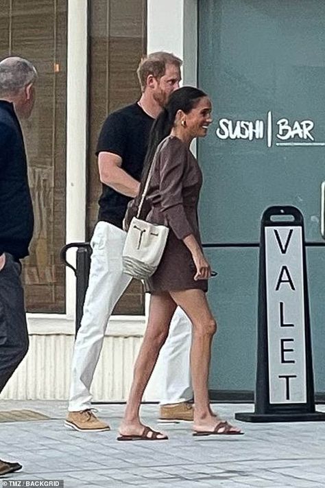 Harry and Meghan step out for Michelin star sushi at their local restaurant in Montecito | Daily Mail Online Meghan Markle California, Meghan Markle Style 2023, Meghan Markle Casual Style, Meghan Markle 2023, Meghan Markle Style Casual, Sushi Date Outfit, Meghan Markle Pics, Meghan Markel, Estilo Meghan Markle