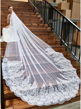 One-tier Lace Applique Edge Cathedral Bridal Veils With Lace (006286247) - JJ's House Cheap Wedding Veil, Vintage Italian Wedding, Lace Edge Veil, Long Veil Wedding, Cathedral Bridal Veils, Blusher Veil, Long Veil, Cathedral Veil, Italian Wedding