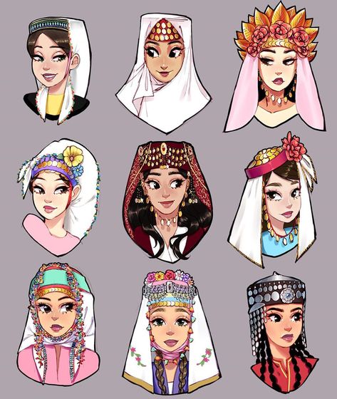 Instagram'da Mikabunni: “A set of various Turkish headdresses. I plan on doing a part 2. Different regions of Anatolia can have vastly different clothing styles.…” Cute Clothes Style, Turkish Character Design, Turkish Character, Turkish Headdress, Turkish Drawing, Traditional Turkish Clothing, Different Clothing Styles, Turkish Clothes, Deku Cosplay