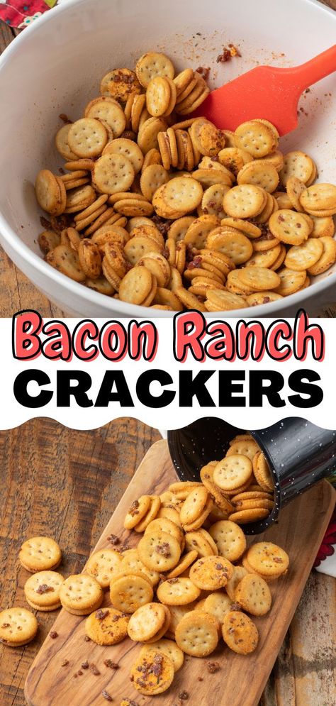 Bacon Ranch Crackers are an easy snack packed with zesty cheesy flavor! Cheese Ritz Bits are oven baked with ranch seasoning and bacon bits in this 30 minute recipe. This is a great recipe for movie nights, school and lunch snacks, and the perfect appetizer for game days! Ranch Crackers, Ritz Bits, Easy Bacon, Bacon Ranch, Ritz Crackers, Ranch Seasoning, Snack Packs, Bacon Bits, 30 Minute Meals