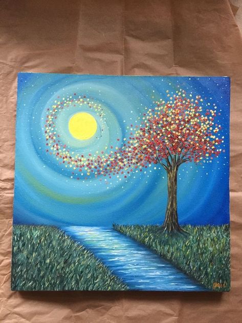 Easy But Impressive Paintings, Night Time Paintings Easy, Peaceful Paintings Easy, Meaning Full Painting, Quirky Paintings, Imaginary Painting, Green Aesthetic Outfit, Drawing Sun, Beautiful Art Paintings