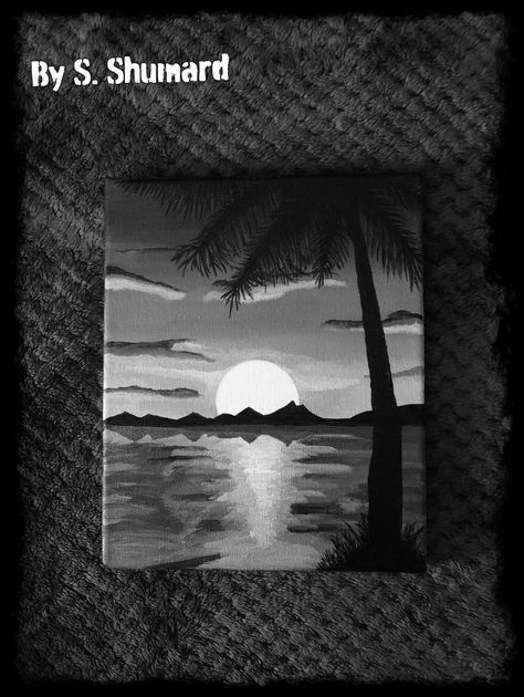 Palm Tree sunset in black/white graywash acrylic painting🏝 Black And White Beach Drawing, Black And White Sunset Drawing, Black And White Scenery Painting, Sunset Drawing Black And White, Painting Easy Sunset, Sunset Scenery Drawing, Drawing For Design, Acrylic Painting Easy, Sunset Drawing