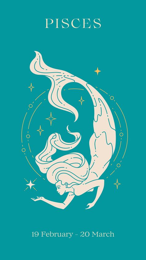 Pisces zodiac sign symbol on a teal blue background Mermaid Branding Design, Pisces Art Goddesses, Pisces Artwork, Pisces Drawing, Mermaid Pisces, Pisces Characteristics, Pisces Constellation Art, About Pisces, Pisces Art