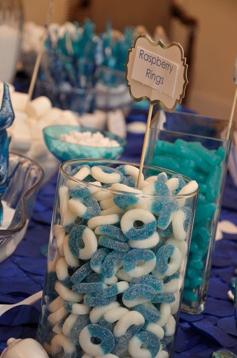 Candy Bar Under the Sea Little Mermaid by The Pink Peach Blue White Birthday Theme, Under The Sea Sweet 16 Decorations, Under The Sea Candy Bar, Under The Sea Sweet 16 Ideas, Baby Shower Sweet Table Boy, Blue Theme Party Decorations, Baby Blue Birthday Party Decorations, Blue Dessert Ideas, Boy Baby Shower Food Ideas