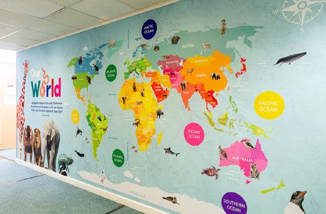 Buckingham Park Primary School World Map Wall - Promote Your School Map On Wall, Back To School Displays, World Map Design, School Wall Art, Interactive Walls, School Displays, World Map Wall Art, Wall Drawing, World Map Wall