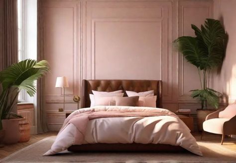 A serene bedroom with soft pink walls and a warm brown wood floor Pink Brown Room Aesthetic, Pink Bedroom With Brown Furniture, Brown And Pink Bedding, Bedroom With Pink Bed, Pink And Tan Bedroom, Pink And Brown Room Ideas, Beige Pink Bedroom, Beige And Pink Bedroom, Pink And Brown Bedroom Ideas