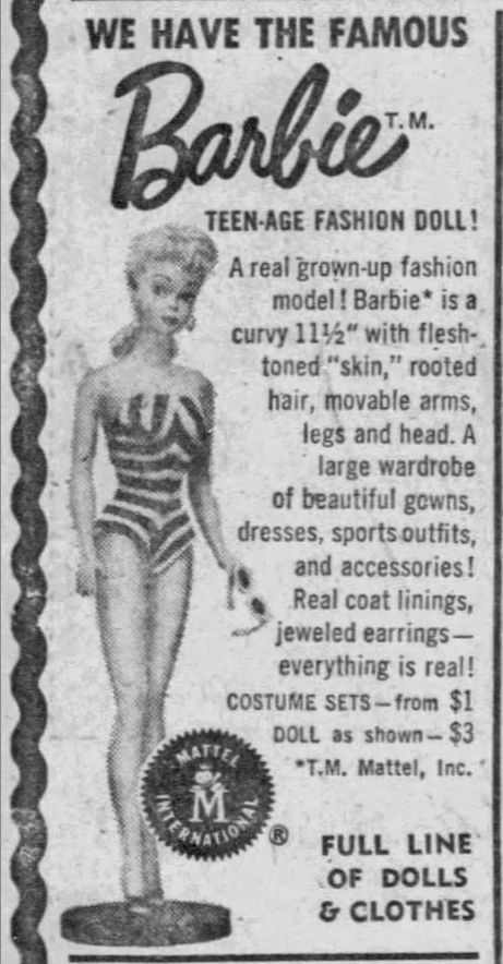 Barbie Over The Years, Vintage Barbie Ads, Vintage Barbie Illustration, Barbie Timeline, Barbie Advertisement, Barbie Through The Years, 1959 Barbie, Newspaper Background, Newspaper Ads