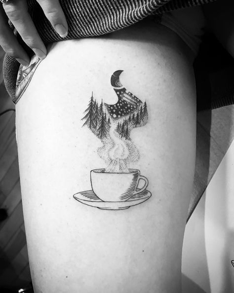 Tattoos Mountains, Coffee Tattoo Ideas, Coffee Cup Tattoo, Tattoo Cafe, Tea Tattoo, Mountains Tattoo, Tattoo Foot, Cup Tattoo, Coffee Tattoo