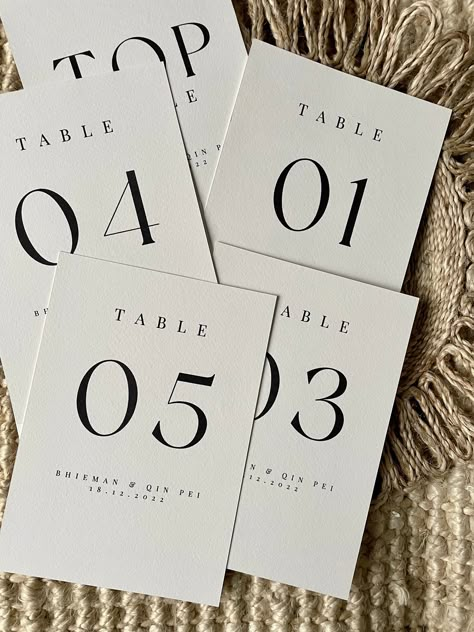 These A5 table names are the perfect personalised addition to your tables. Whether for a wedding or event, personalise your table numbers with your required text and add the finishing touches to your tablescape. These add a modern twist to a classic, simplistic feel. Creating a timeless aesthetic to your event. D E T A I L S - Each table number is individually designed, bespoke to you. - Table numbers are printed on high quality 300gm2 textured card, giving a luxe premium feel. - Each table number is A5 in size (210mm x 148mm) - Table numbers are printed in jet black ink - When ordering your table names, simply add to your basket how many you require. The numbers will be printed in order starting from 1. For example, if you order 5 table names, you will receive table numbers 1, 2, 3, 4, 5. Modern Table Numbers, Wedding Table Names, Card Table Wedding, Table Names, Minimal Wedding, Wedding Mood Board, Wedding Mood, Wedding Signage, Wedding Table Numbers