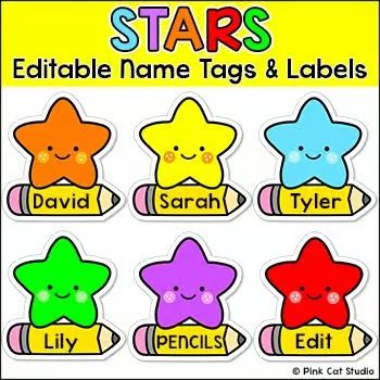 Stars Theme Editable Name Tags and Labels by Pink Cat Studio | TPT Classroom Door Names, Name Tags Ideas For School Student, Classroom Name Board, Name Tags Ideas, Door Name Tags, Stars Name, Editable Name Tags, Classroom Name Tags, Cubby Tags