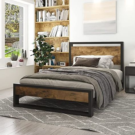 IMUsee Twin Size Platform Bed Frame with Wood Headboard and Metal Slat, Rustic Country Style, Strong Metal Slats Support, Easy Assembly Farmhouse Platform Bed, Wood Panel Headboard, Twin Platform Bed Frame, Rustic Headboard, Twin Platform Bed, Frame Structure, Wooden Headboard, Double Bed Frame, Bed Dimensions