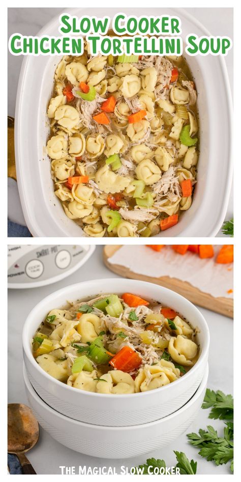 Made with a few vegetables, chicken breasts, broth, and tortellini, this chicken tortellini soup recipe is easy, flavorful, and sure to please the whole family. The next time you're looking for a nice and hearty soup to make, whip up a batch of this easy chicken tortellini soup. - The Magical Slow Cooker