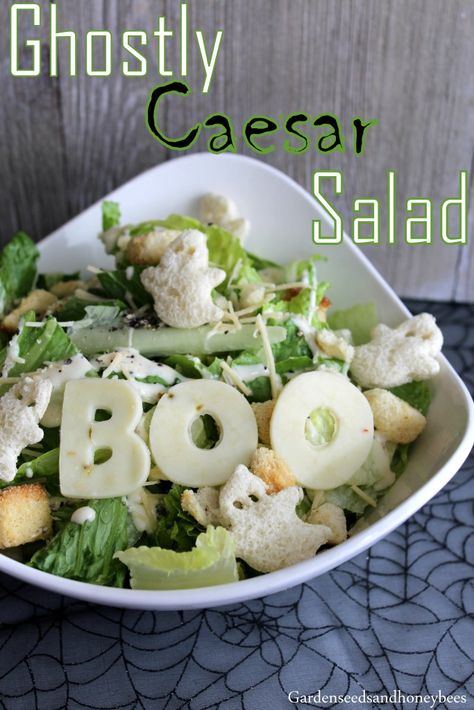 Ghostly Caesar Salad - Garden Seeds and Honey Bees Dinner Party Food, Chicken Caesar Pasta, Salad Garden, Spooky Dinner, Caesar Pasta Salad, Caesar Pasta, Halloween Food Dinner, Chicken Caesar Pasta Salad, Halloween Party Treats