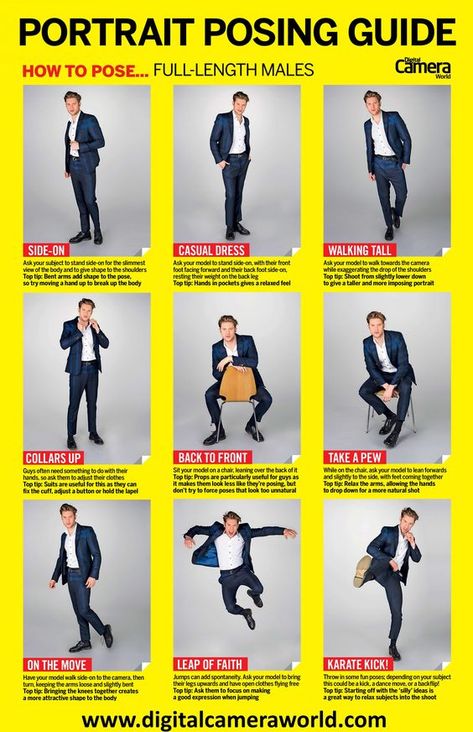 Learn how to pose male models with this high-res cheat sheet from the experts at www.digitalcameraworld.com How To Become A Male Model, How To Pose For Men, Make Model Poses, Male Photo Poses, Male Pose Ideas, Male Models Poses Photo Shoots, Male Models Poses Reference, Men Poses Photography, Male Poses Photography