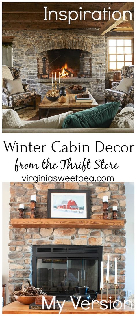 Winter Cabin Fireplace Cabin Shelf Decor Ideas, Cabin Coffee Table, Winter Cabin Decor, Cabin Coffee, Cozy Winter Cabin, Cabin Fireplace, Coffee Table Inspiration, Flip Ideas, Thrifted Home