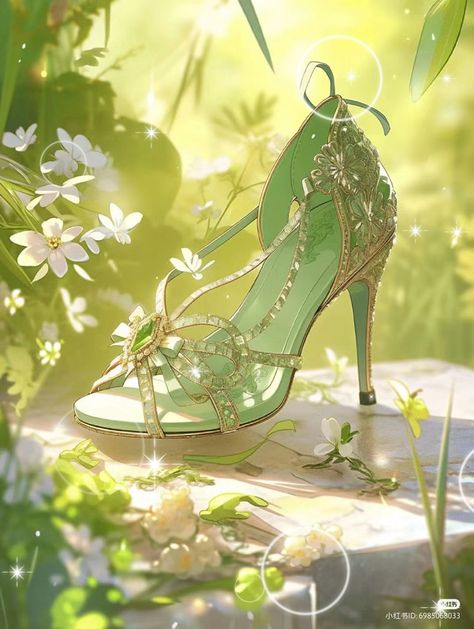 Fantasy Heels, Fairy Heels, Fashion Illustration Shoes, Shoe Artwork, Masquerade Outfit, Butterfly Heels, Green High Heels, Princesa Tiana, Fairy Shoes