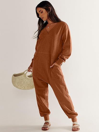 Women's Casual Loose Jumpsuits Long Sleeve V Neck Rompers Baggy Overalls Lounge Pajamas Onesie Jumpers with Pocket #ANRABESS #womens #Longsleeve #jumpsuit #Sponsored Baggy Overalls, Loose Romper, Womens Jumpsuits Casual, Pajama Outfit, Fitted Romper, Women Fall Outfits, Loose Jumpsuit, Lounge Pajamas, Cotton Romper