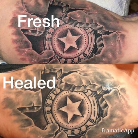 Texas seal tattoo Done by: Derek Kastning     Owner: HYDRA Tattoos                 Tyler Texas                 (903)530-4432 Texas Style Tattoos, Texas Sleeve Tattoo Women, Texas Arm Sleeve Tattoo, Texas Flag Tattoo For Men, Texas A&m Tattoo, Texas Theme Tattoo, Texas Themed Tattoos For Men, Texas Themed Tattoos, Republic Of Texas Tattoo