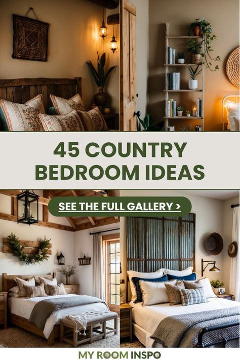 Explore 45 cozy country bedroom ideas with unique decor styles and color themes. This pin features 4 images to inspire your perfect bedroom that combines country charm and rustic elegance. Farmhouse Bedroom Decor Ideas Romantic, Farmhouse Bedroom With White Furniture, Vintage Country Bedroom, Cozy Country Bedroom Ideas, Western Master Room Bedroom Ideas, Country Decorating Ideas For The Home, Iron Beds Bedroom Decorating Ideas, Southern Bedroom Ideas, Master Bedrooms 2024 Trends