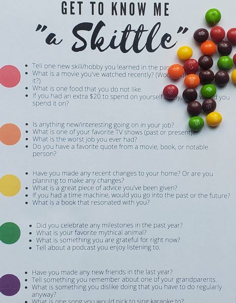 Use these questions to break the ice 'a Skittle': An easy ice breaker for people who hate ice breakers. - The Sparrow's Home Mm Ice Breaker Game, Link Crew Activities, Mixer Questions Ice Breakers, Ice Breaker Ideas For Adults, Fun Ice Breakers For Women, Get To Know Me A Skittle, Staff Retreat Activities, Best Ice Breakers For Adults, Fun Womens Group Activities