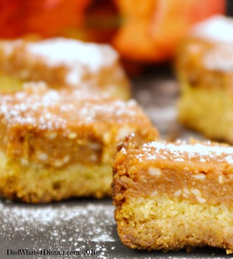 Pumpkin Chess Bars will be your go to dessert bars for Thanksgiving. Gooey and creamy with a nice crust is perfect for those who might not like pumpkin pie Chess Bars, Cake Mix Bars, Chess Squares, Chess Cake, Pumpkin Cream Cheese Pie, Pumpkin Dishes, Pumpkin Chocolate Chip Bread, Pumpkin Bars, Vegetarian Cake