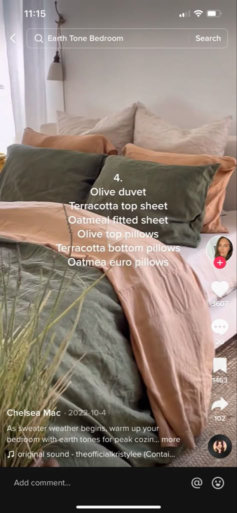 Olive And Sage Bedding, Olive Bed Sheets Aesthetic, Sheets With Green Comforter, Green Bed Comforter Ideas, Neutral Bedroom With Terracotta, Tera Cotta Bedding, Earth Vibes Room, Olive Comforter Bedroom Ideas, Bed With Green Comforter