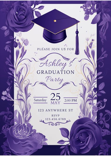 Purple And Gold Graduation Party, Gold Graduation Party, Graduation Party Diy, Grad Ideas, Invitation Design Template, Invitation Elegant, Party Invite Design, Graduation Diy, Graduation Party Invitations