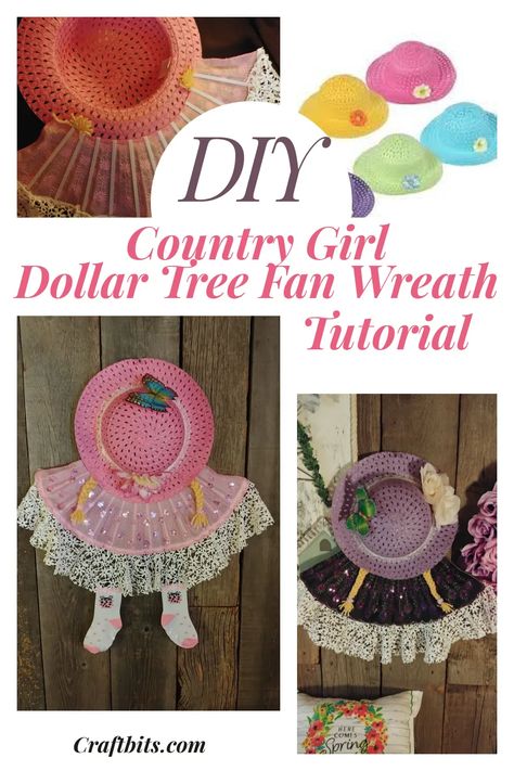 Coat Hanger Wreath, Fan Dolls, Straw Hat Crafts, Mesh Crafts, Summertime Crafts, Hat Wreath, New Craft Ideas, Hanger Crafts, Dollar Tree Fall