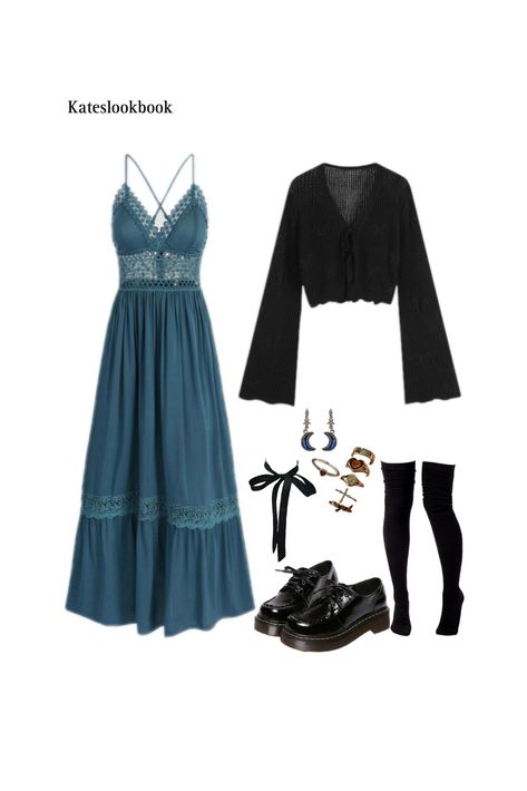 Colourful Witchy Outfits, Witchy Outfit Drawing, Blue Witch Aesthetic Outfit, Water Witch Aesthetic Outfit, Water Witch Outfit, 90s Witchy Outfits Summer, Purple Witch Aesthetic Outfit, Witchy Fashion Modern Witch Outfit, Hadestown Outfit