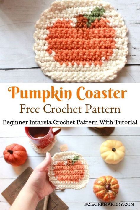 Crochet Pumpkin Coaster: Free Intarsia Crochet Pattern | E'Claire Makery Crochet Pumpkin Coaster, Thanksgiving Crochet Patterns, Crocheting Inspiration, Classy Crochet, Intarsia Crochet, Crochet Fall Decor, Sellable Crafts, Thanksgiving Crochet, Halloween Amigurumi