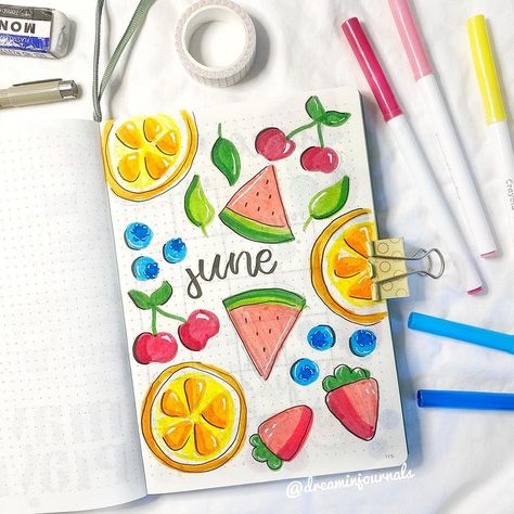 anna :) | my june cover page: fruit! 🍉🍊🫐🍓🍒🍃 happy pride month! i went for a simpler theme this month, and i don’t love it that much but it is rly… | Instagram June Scrapbook Ideas, June Cover Page, 2025 Bujo, Summer Journal, Start Journaling, Bullet Journal Ideas Templates, Journal Inspiration Writing, Diy Quotes, Scrapbook Cover