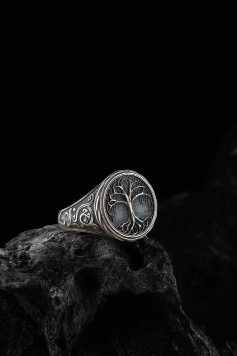 Tree of Life Unique Signet ring, Yggdrasil has been created by talented craftmens as handmade. We design to compliment your style! We believe there is something special for everyone and for every occasion, whether you're shopping for yourself or looking for a gift. Our wide selection of jewelry leaves no doubt or question marks regarding if one can find anything for themselves. Gaze upon our collections and see for yourself Unique Design: The life of tree figure on this ring symbolizes strength, Unique Oval Ring, Mythology Jewelry, Question Marks, Family Ring, Tree Ring, Handmade Wooden Boxes, Celtic Mythology, Family Rings, Life Tree