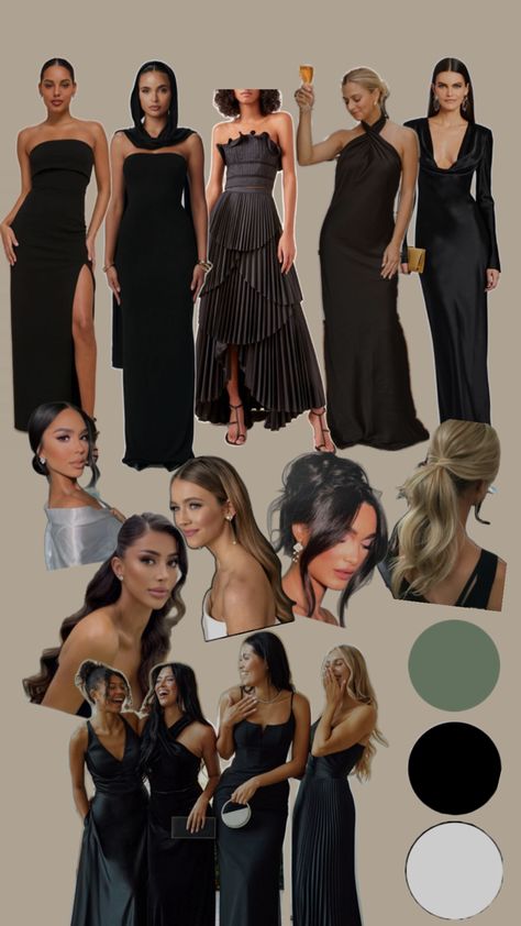 Dark Wedding Aesthetic Bridesmaids, Black Tie Color Palette, Mismatched Bridesmaid Dresses Black, Bridesmaid Color Ideas, Black Mismatched Bridesmaid Dresses, Mismatched Black Bridesmaid Dresses, Black Bridesmaid Dresses Mismatched, Black Bridesmaid Dress Mismatched, Bridesmaid Dresses Color Palette