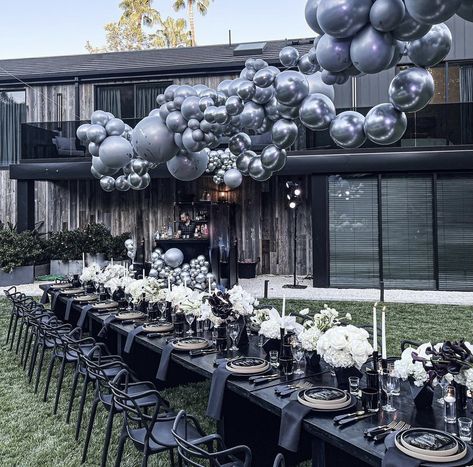 All Black 25th Birthday Party, Masculine Brunch Decor, Black And Silver Graduation Party, All Black Affair Party Ideas, All Black Party Theme, Black Themed Birthday Party, Black Dinner Party, All Black Party, Handmade Halloween Decorations